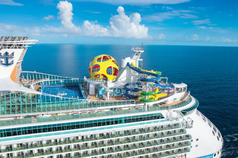 MA, Mariner of the Seas, Helicopter, aerial, aft, back of ship, exterior, Sky Pad, FlowRider, Perfect Storm, basketball court, aft port view, ocean horizon with clouds in sky in background,
